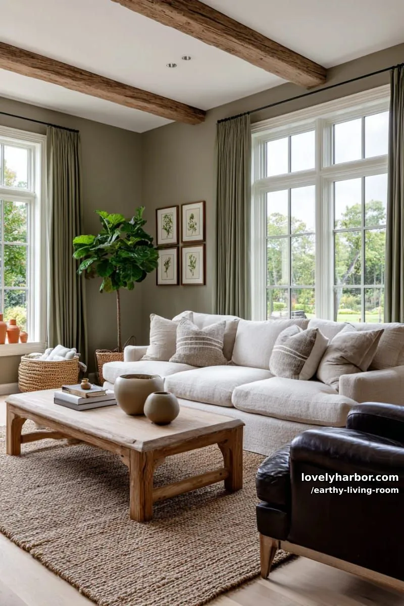Bring Nature Indoors: 15 Earthy Living Room Designs to Inspire 22 floor-to-ceiling windows framed by olive green linen curtains 1