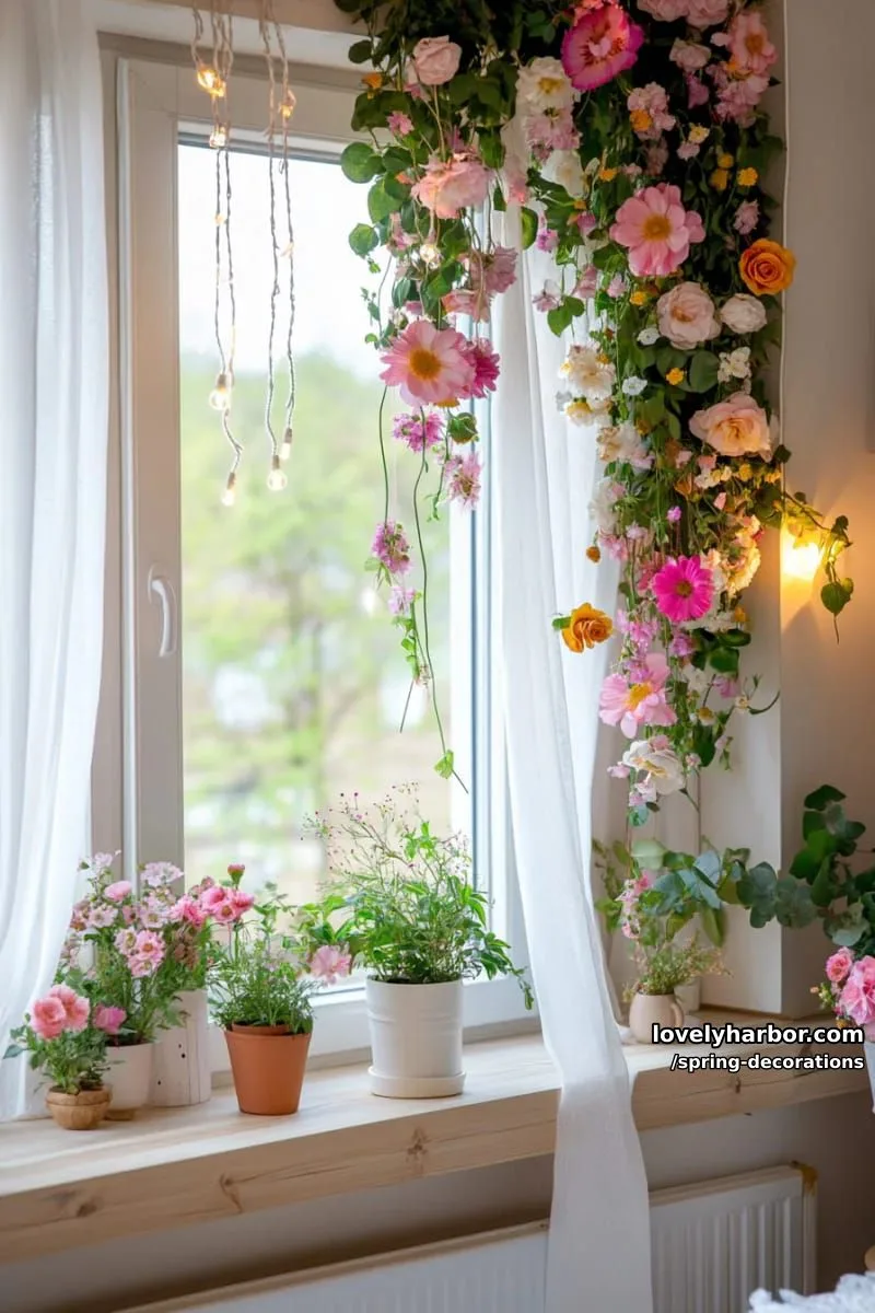 flower garlands draped across windows paired with twinkle lights 1