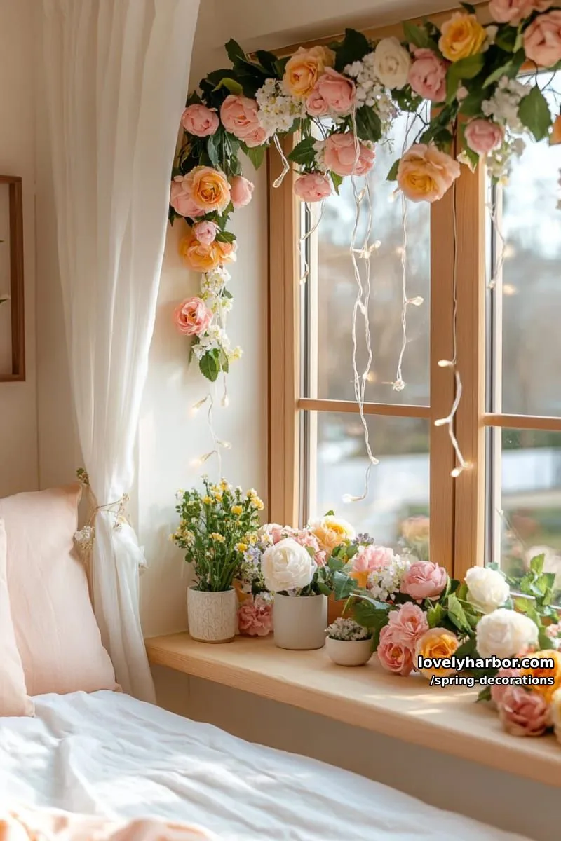 flower garlands draped across windows paired with twinkle lights 1