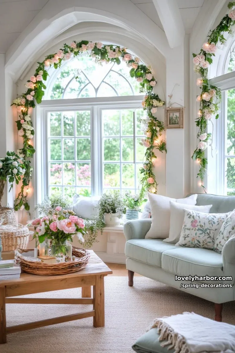 flower garlands draped across windows paired with twinkle lights 1
