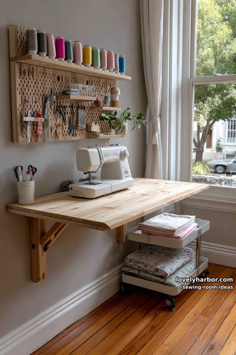 fold-away wall desk for compact sewing rooms with limited square footage 1