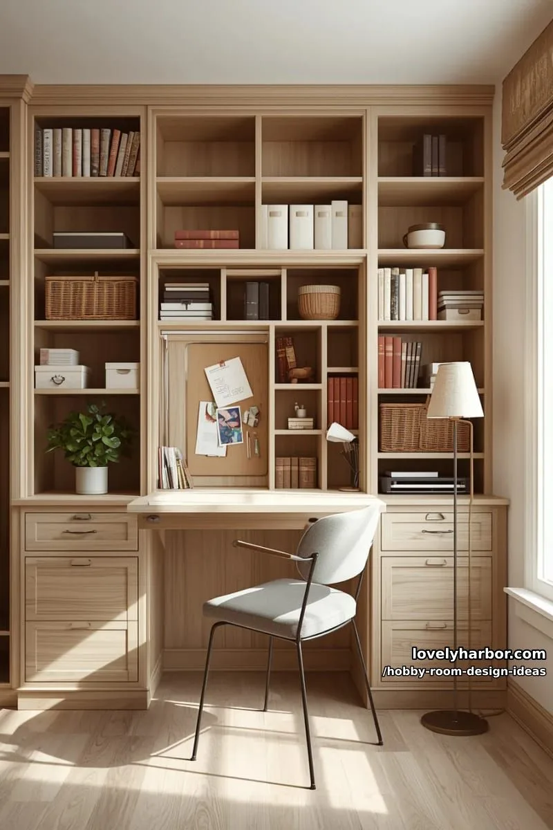 15 Inspiring Hobby Room Design Ideas You’ll Love 20 fold-out desk integrated into a bookshelf for compact hobby room design 1