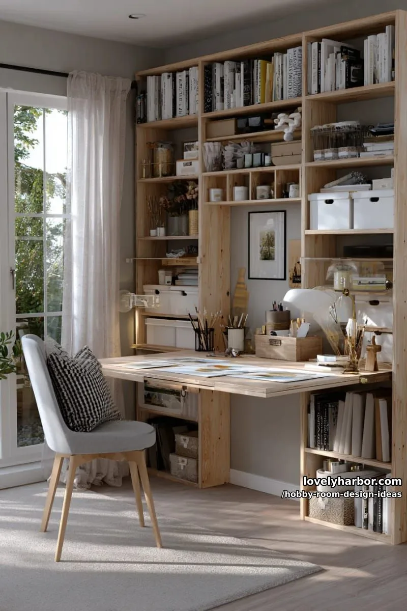 15 Inspiring Hobby Room Design Ideas You’ll Love 21 fold-out desk integrated into a bookshelf for compact hobby room design 1