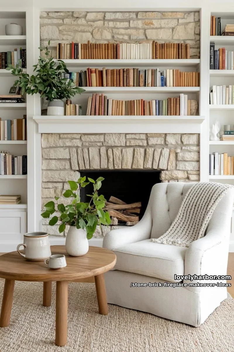 frame fireplace with built-in bookshelves and natural stacked stone for cozy library vibes. 1