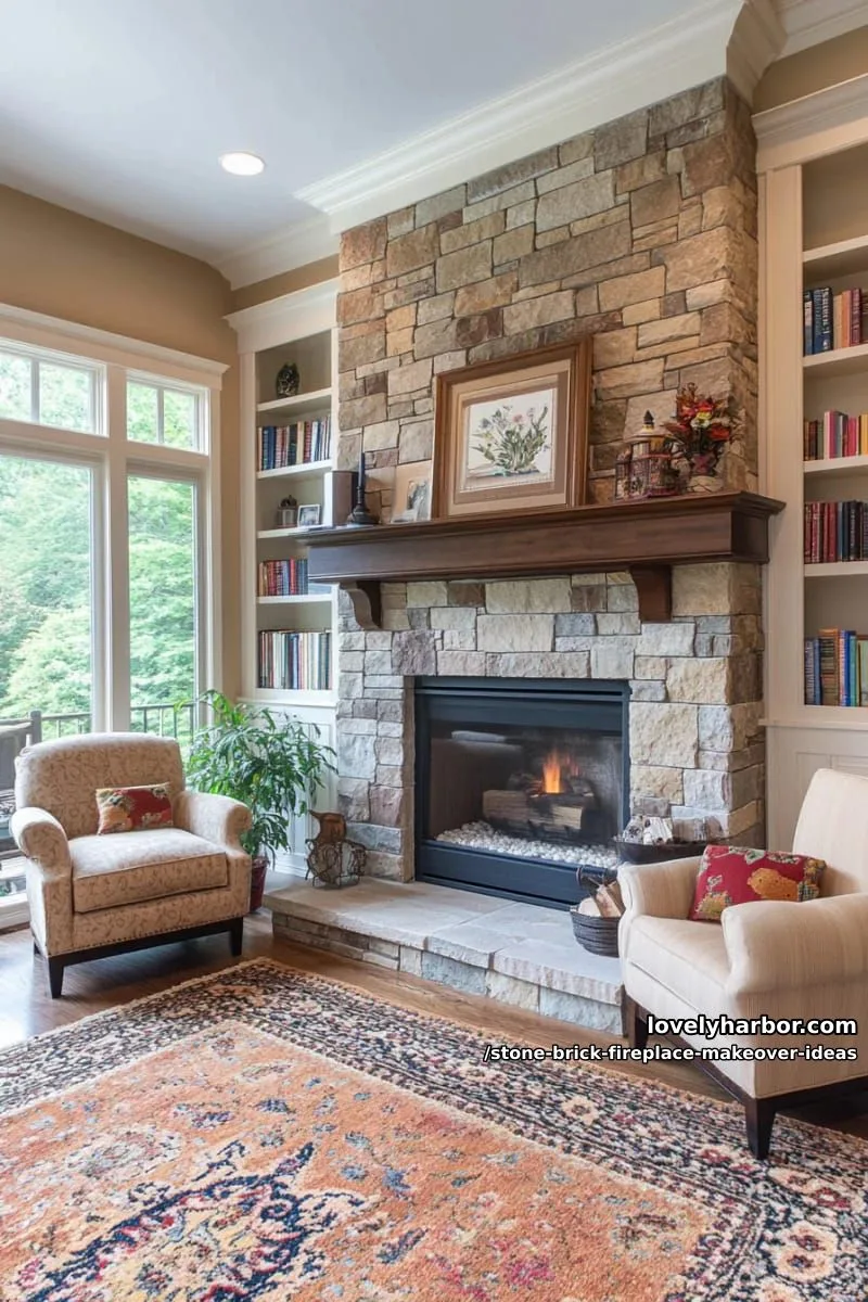 frame fireplace with built-in bookshelves and natural stacked stone for cozy library vibes. 1