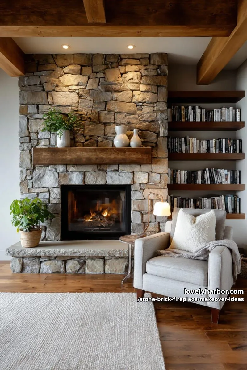 frame fireplace with built-in bookshelves and natural stacked stone for cozy library vibes. 1