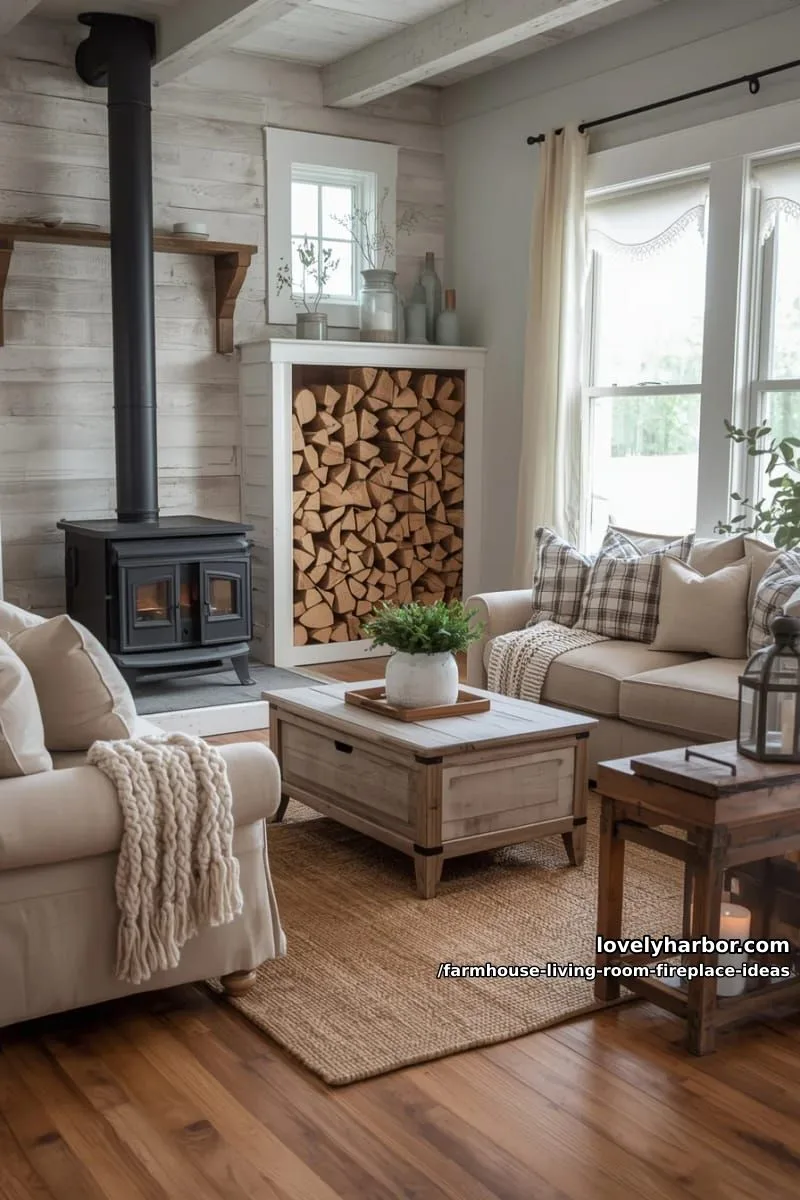 freestanding stove-style fireplace with stacked firewood nook and cozy knit throws 1