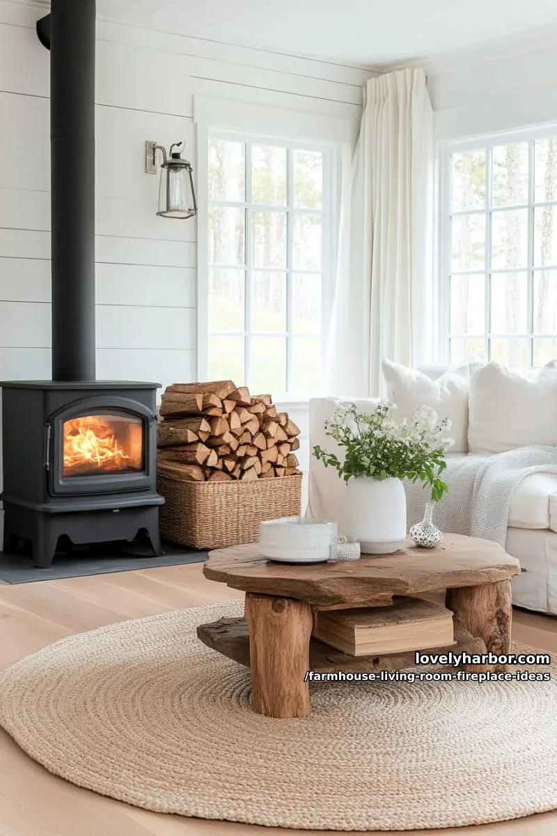 freestanding stove-style fireplace with stacked firewood nook and cozy knit throws 1