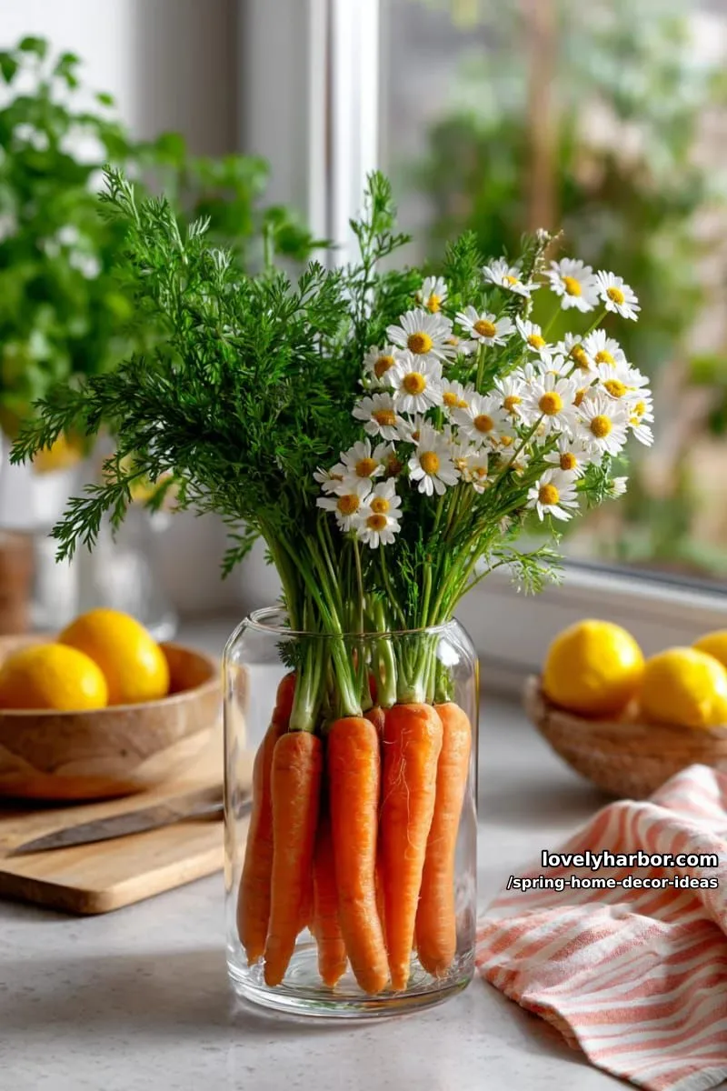 27 Gorgeous Spring Decor Ideas to Brighten Your Home 16 fresh carrot bouquet vase with daisies as a playful spring kitchen accent 1