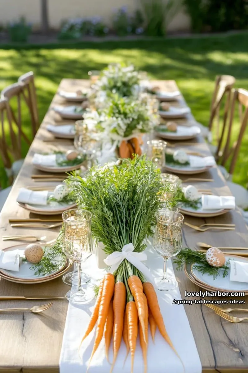 fresh carrot bunches bundled with ribbon for whimsical spring table ends 1