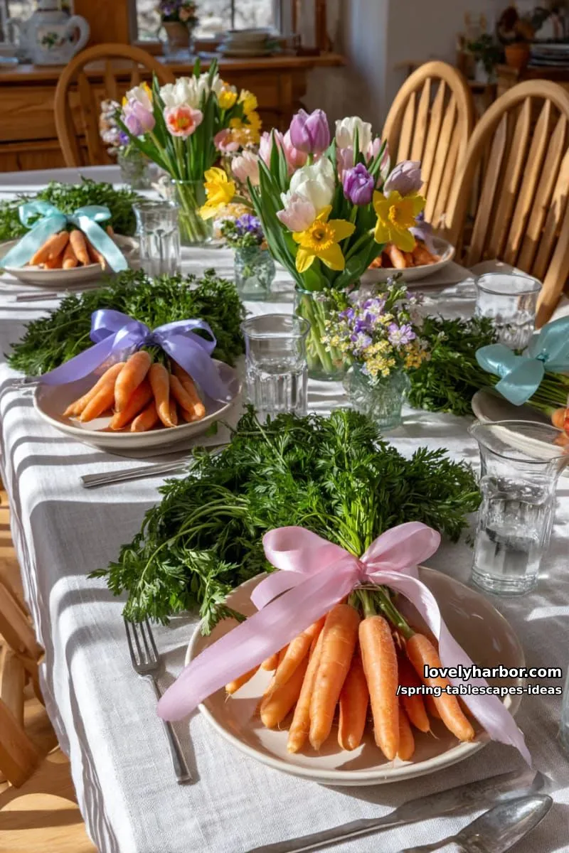 fresh carrot bunches bundled with ribbon for whimsical spring table ends 1