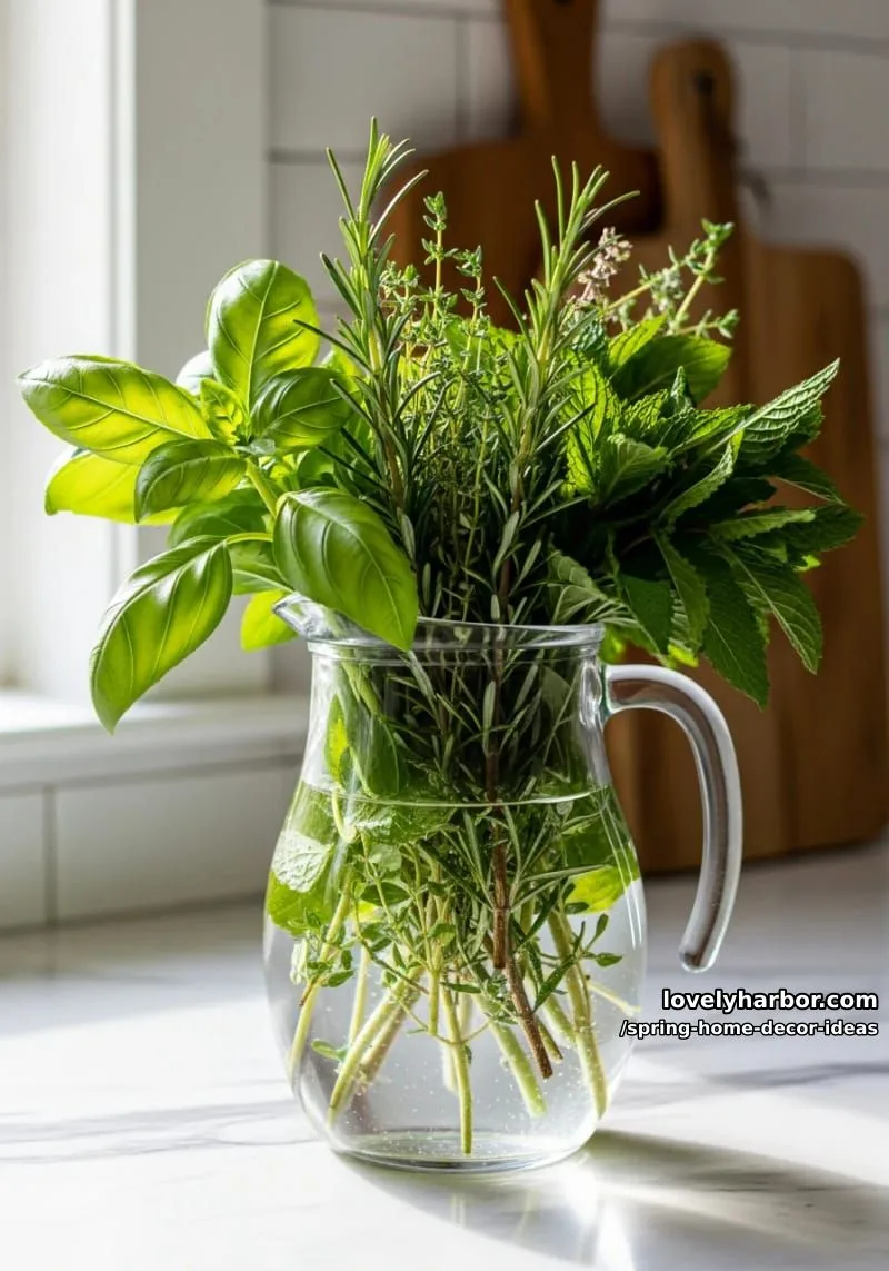 27 Gorgeous Spring Decor Ideas to Brighten Your Home 72 fresh herb bouquet in a glass pitcher as functional spring kitchen decor 1