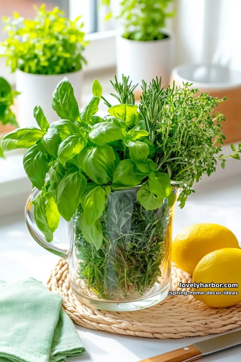 27 Gorgeous Spring Decor Ideas to Brighten Your Home 73 fresh herb bouquet in a glass pitcher as functional spring kitchen decor 1