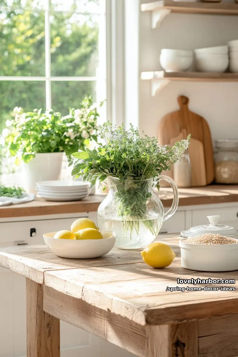 27 Gorgeous Spring Decor Ideas to Brighten Your Home 74 fresh herb bouquet in a glass pitcher as functional spring kitchen decor 1