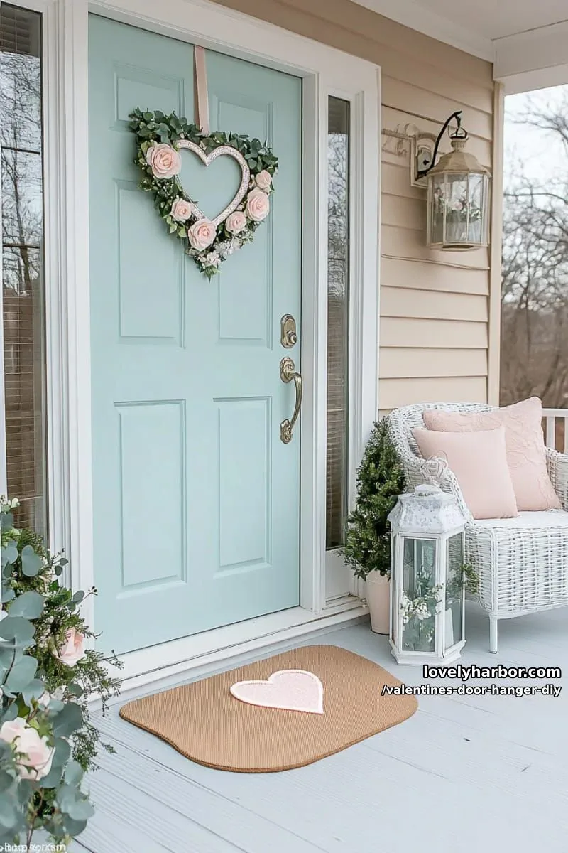 frosted eucalyptus and pink rosebud swag with a shimmering heart charm 1