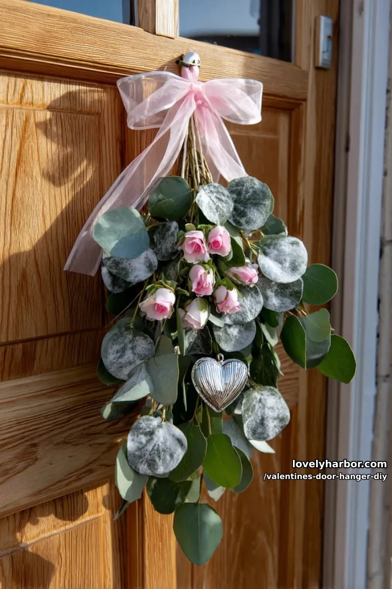 frosted eucalyptus and pink rosebud swag with a shimmering heart charm 1