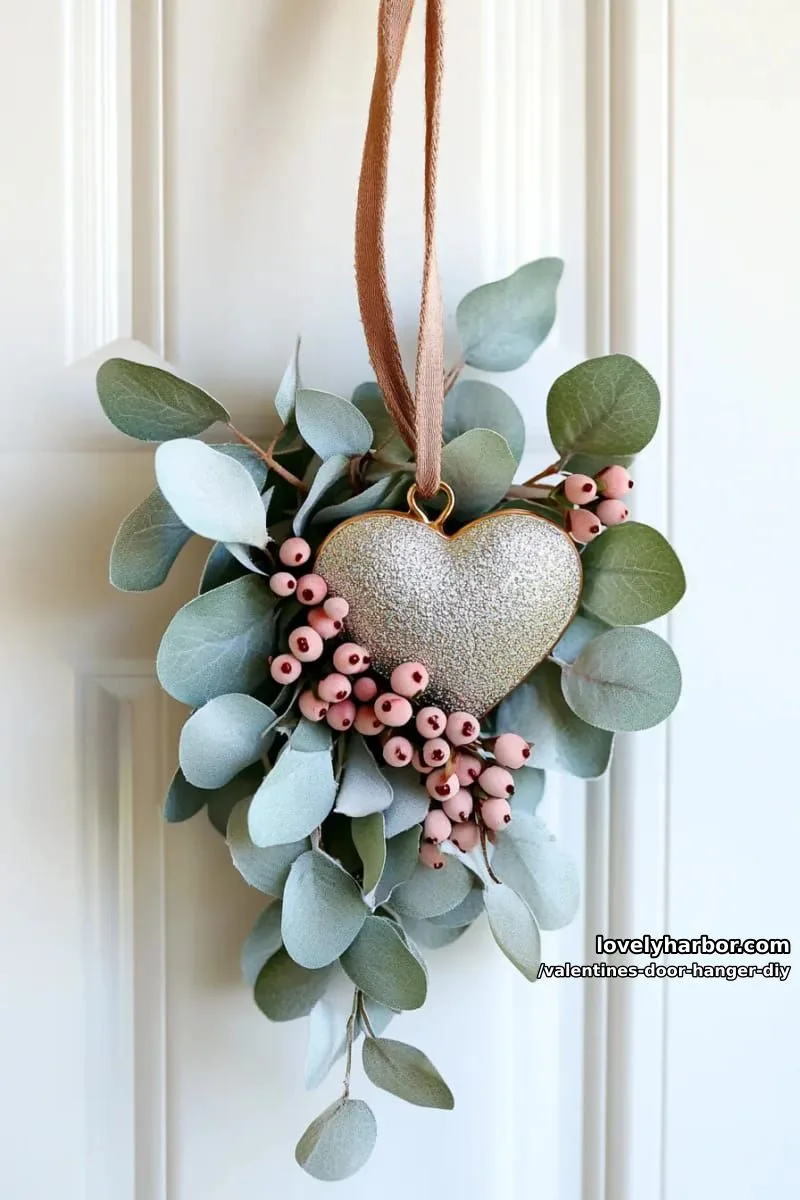 frosted eucalyptus and pink rosebud swag with a shimmering heart charm 1