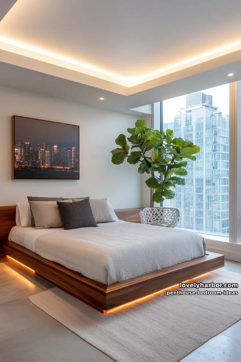 futuristic bedroom suite with floating furniture and hidden cove lighting 1