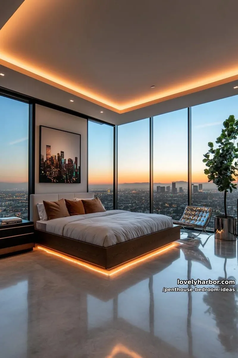 futuristic bedroom suite with floating furniture and hidden cove lighting 1