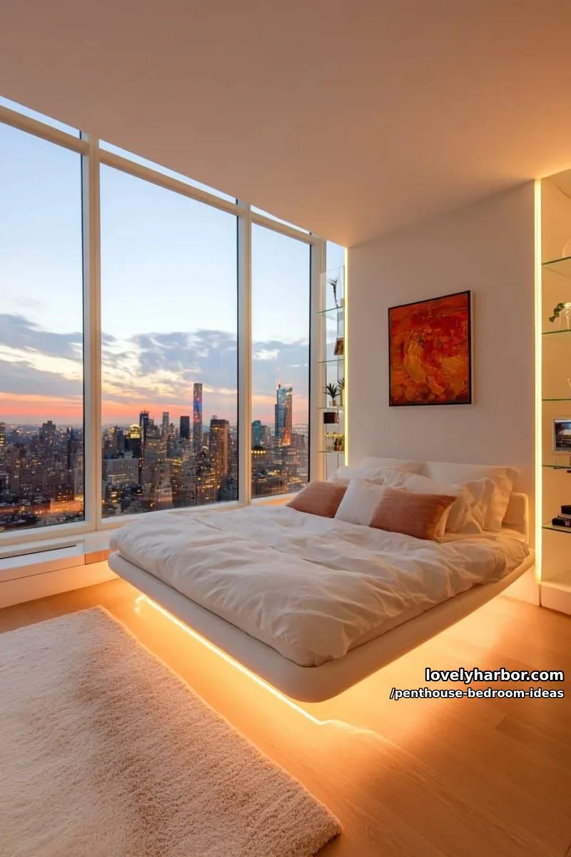 futuristic bedroom suite with floating furniture and hidden cove lighting 1