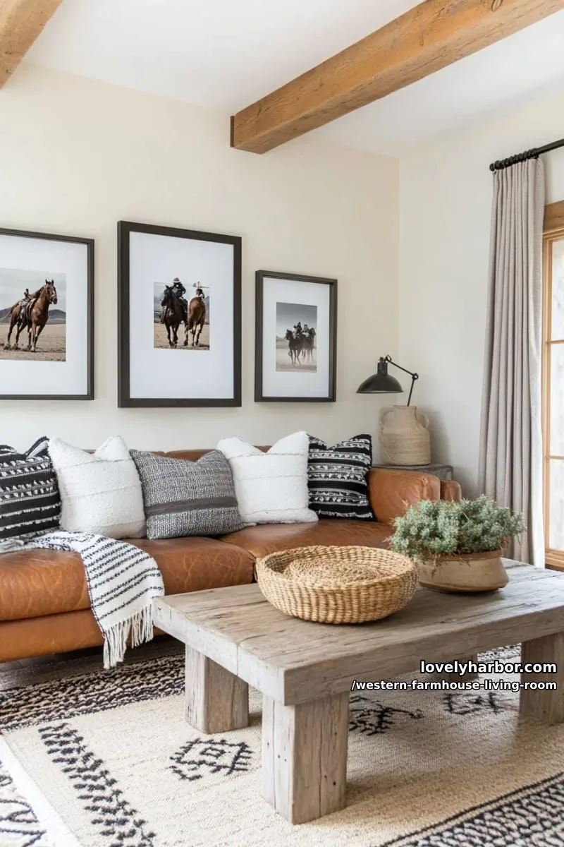 gallery wall of black and white rodeo photography in reclaimed wood frames 1