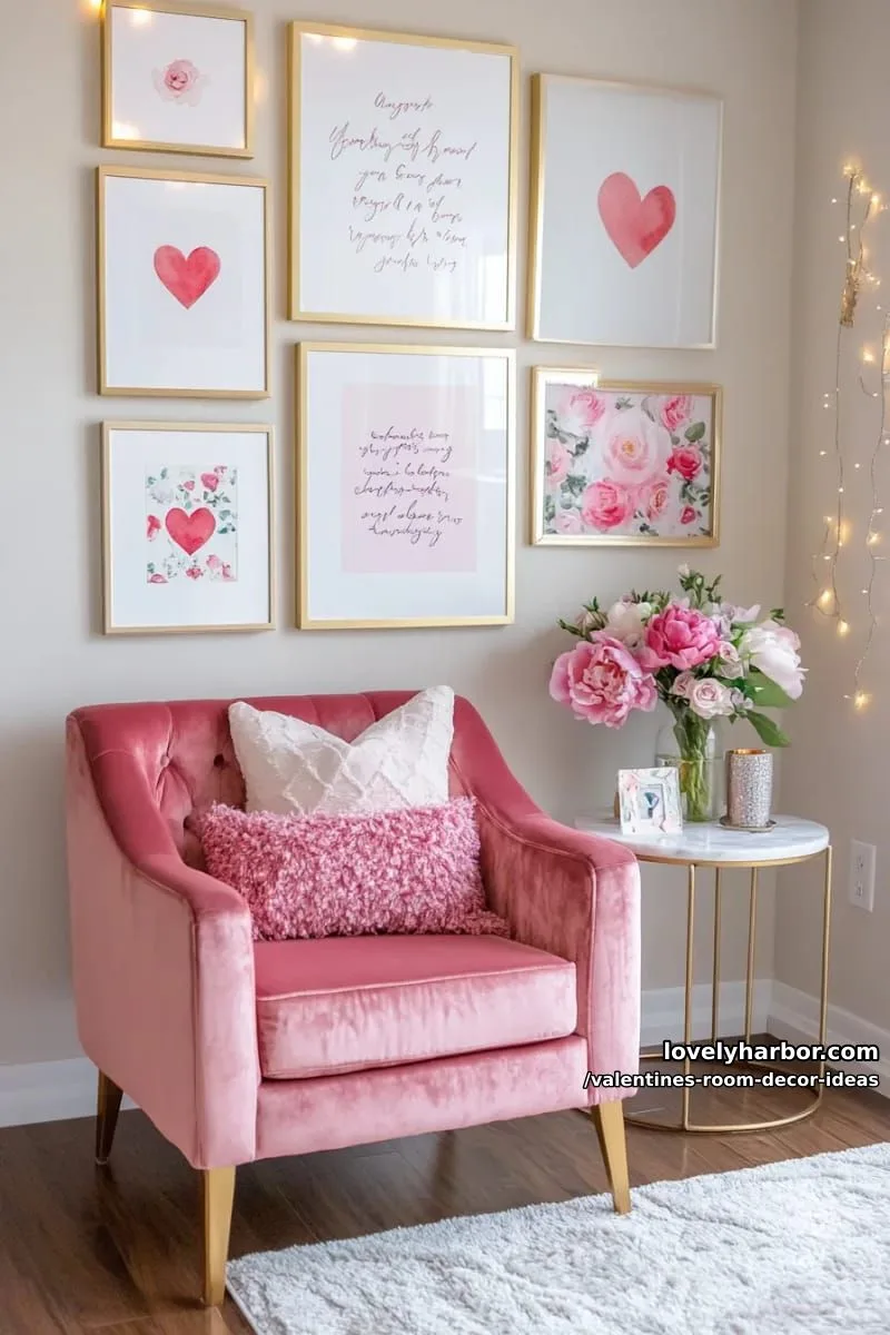 15 Valentine's Room Decor Ideas for a Romantic Ambiance 56 gallery wall of framed love letters and watercolor heart illustrations 1