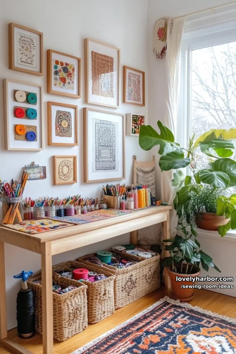 gallery wall of framed vintage sewing patterns and handcrafted textile art 1