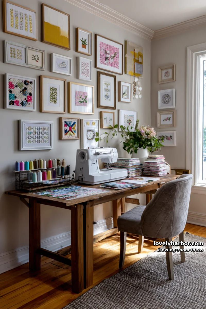 gallery wall of framed vintage sewing patterns and handcrafted textile art 1