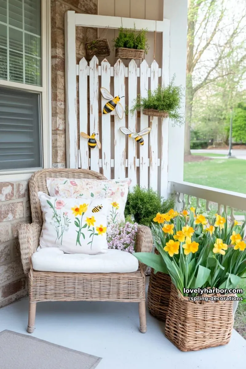 garden-fence-inspired wall art with painted bees and wooden flowers 1