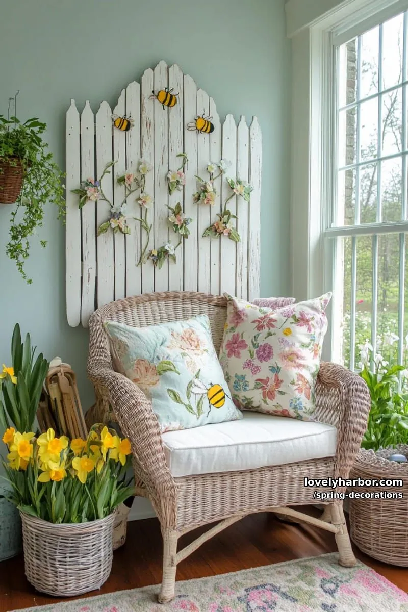 garden-fence-inspired wall art with painted bees and wooden flowers 1