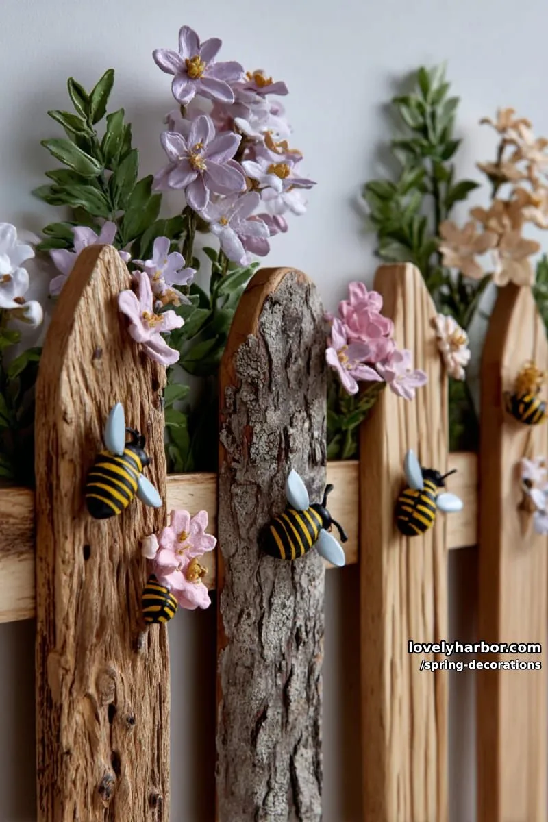 garden-fence-inspired wall art with painted bees and wooden flowers 1