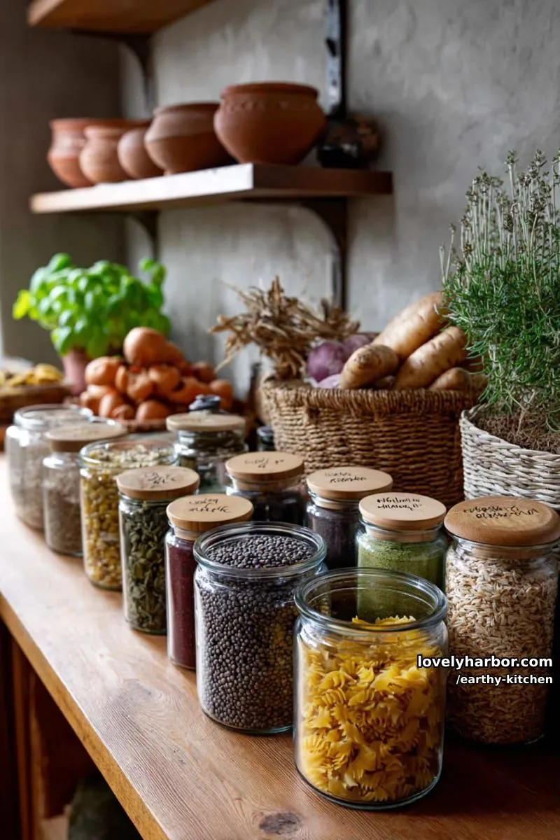 glass jar pantry display with dried goods and spice blends in earthy tones 1