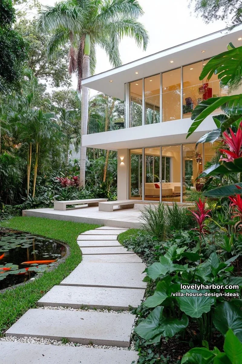 glass-walled villa surrounded by lush tropical gardens and sculptural landscaping 1