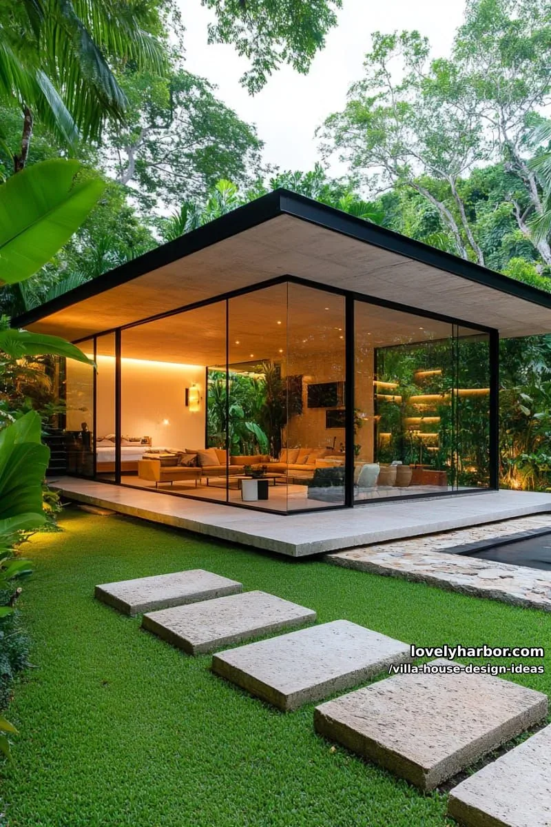glass-walled villa surrounded by lush tropical gardens and sculptural landscaping 1