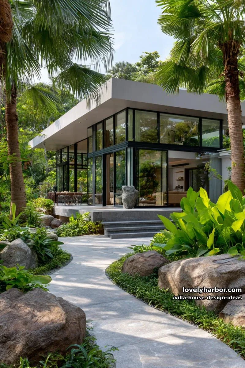 glass-walled villa surrounded by lush tropical gardens and sculptural landscaping 1