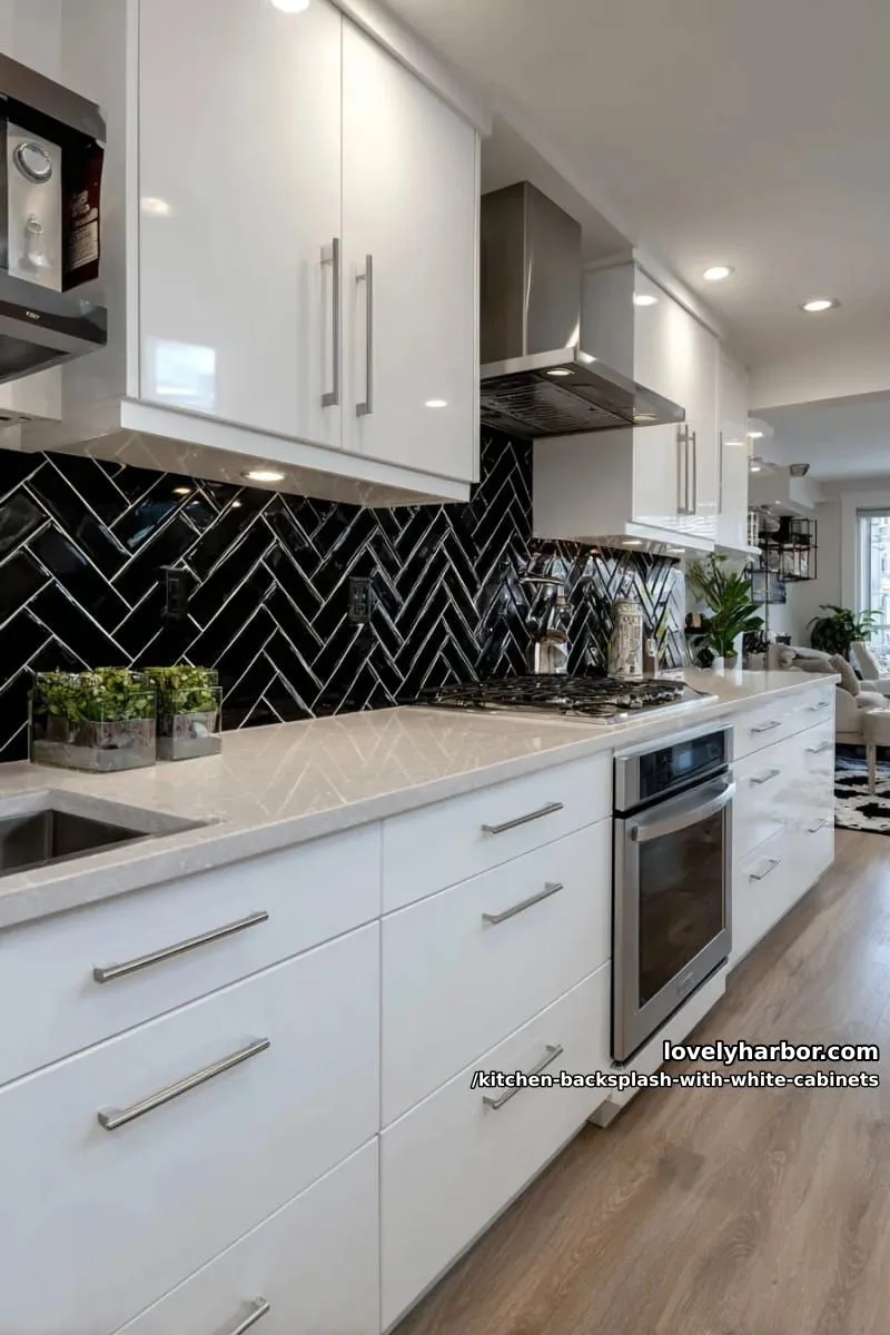 glossy black herringbone tiles for bold contrast against white cabinetry 1