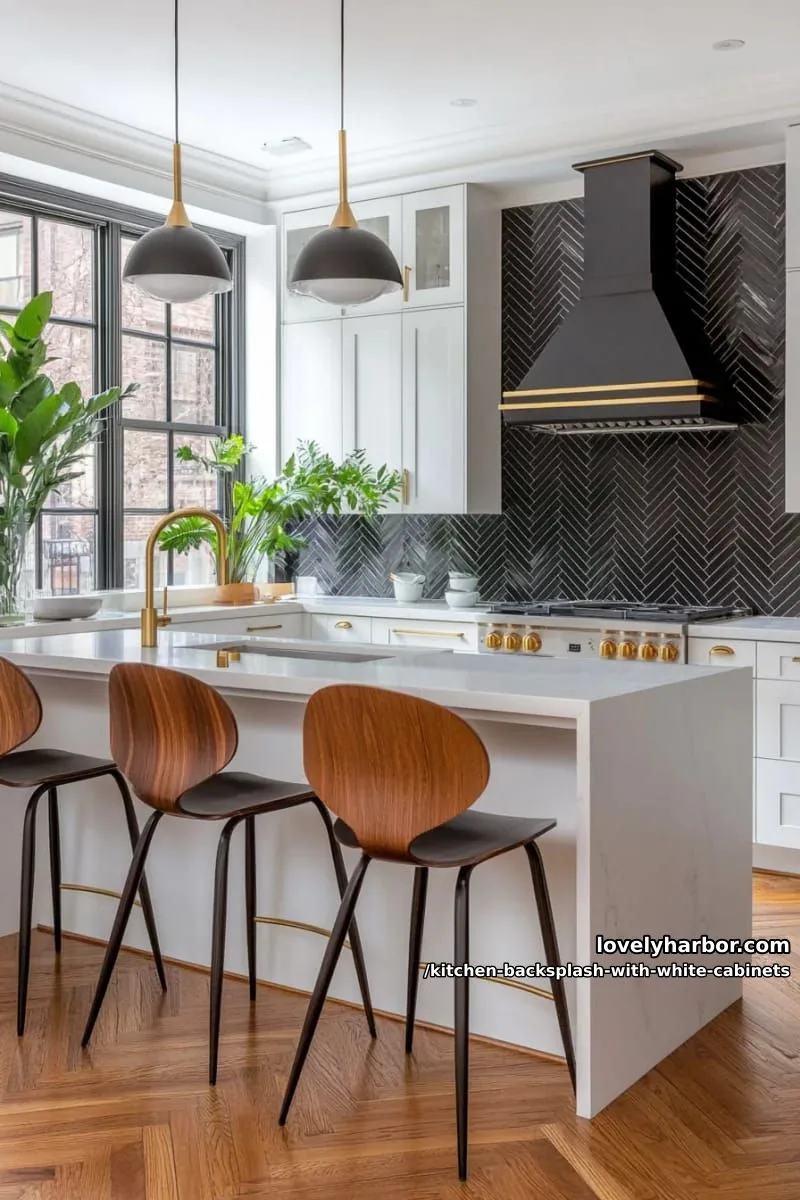 glossy black herringbone tiles for bold contrast against white cabinetry 1