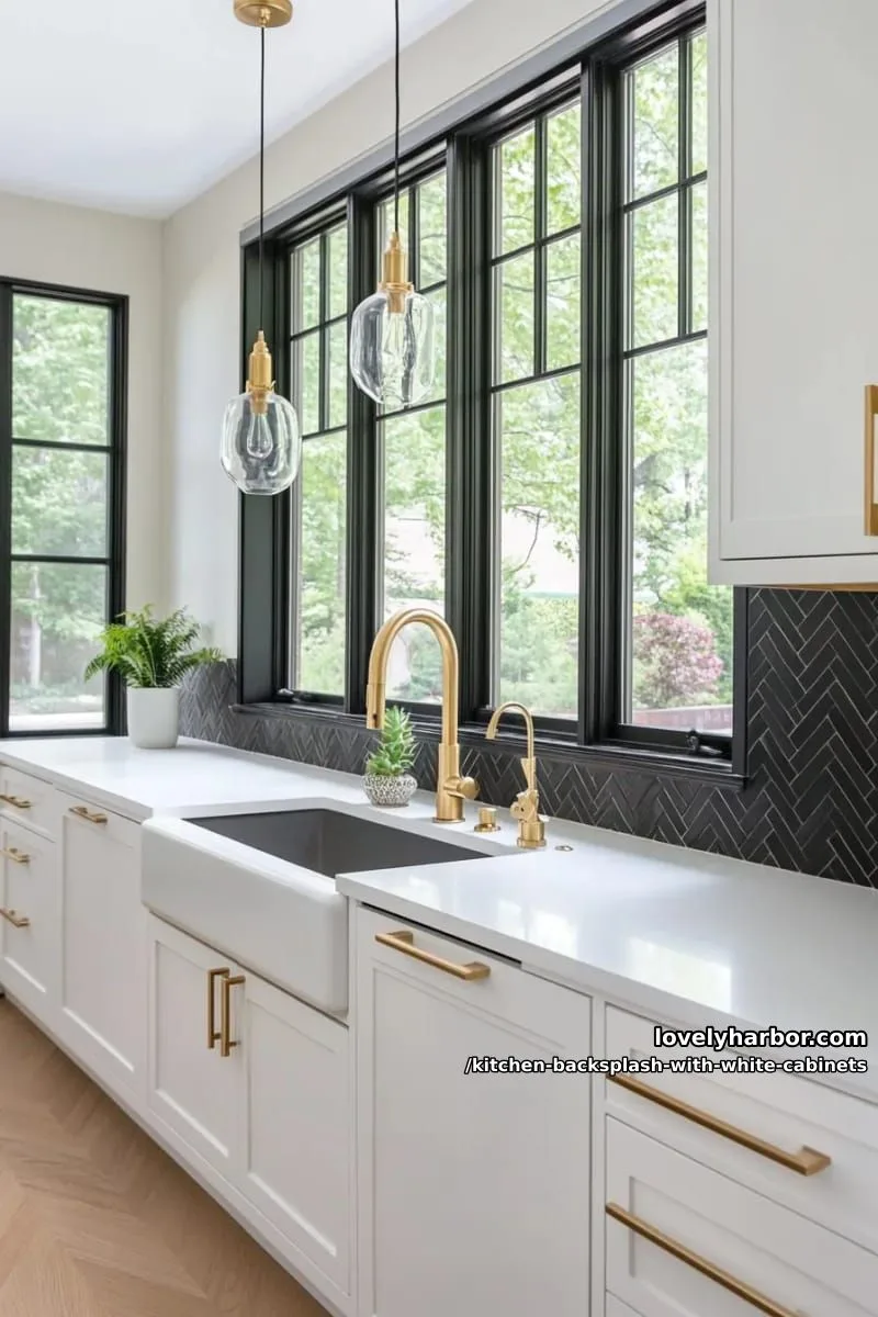 glossy black herringbone tiles for bold contrast against white cabinetry 1