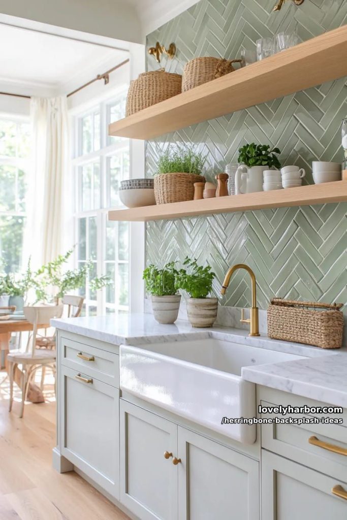 Apartment 3 glossy green herringbone tiles as a bold pop behind a farmhouse sink 7