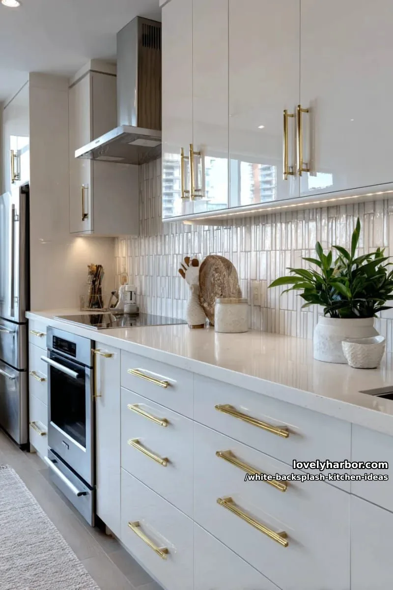 15 Elegant White Backsplash Ideas for Your Kitchen 5 glossy subway tiles stacked vertically with gold hardware for a chic touch 1
