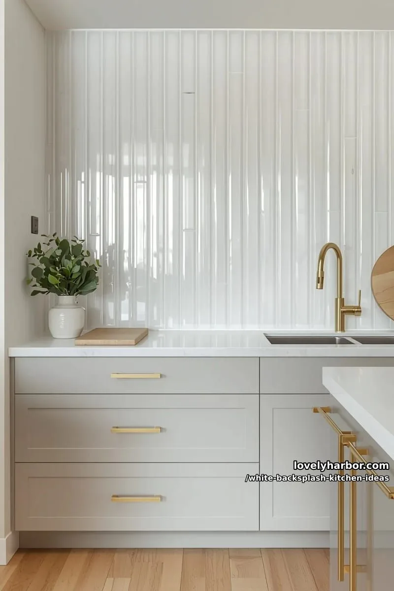 15 Elegant White Backsplash Ideas for Your Kitchen 6 glossy subway tiles stacked vertically with gold hardware for a chic touch 1