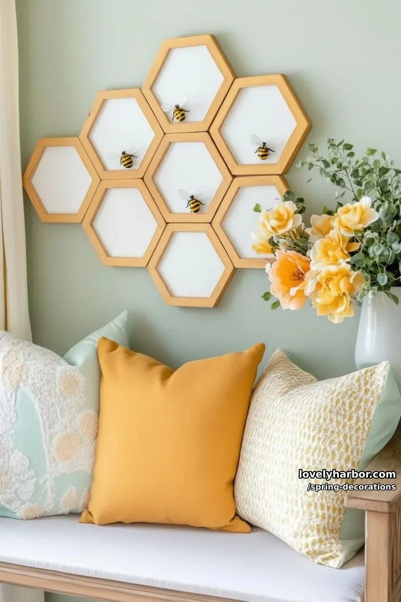 gold-painted honeycomb wall decor with faux bumblebees for spring vibes 1