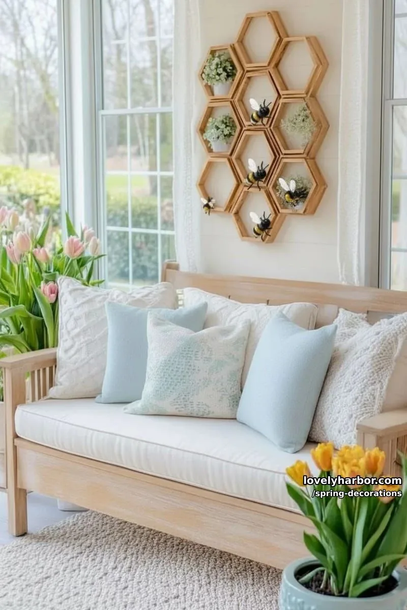 gold-painted honeycomb wall decor with faux bumblebees for spring vibes 1