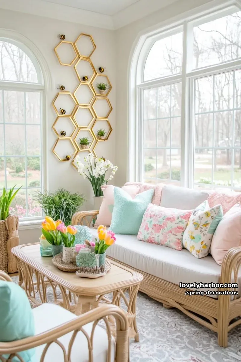 gold-painted honeycomb wall decor with faux bumblebees for spring vibes 1