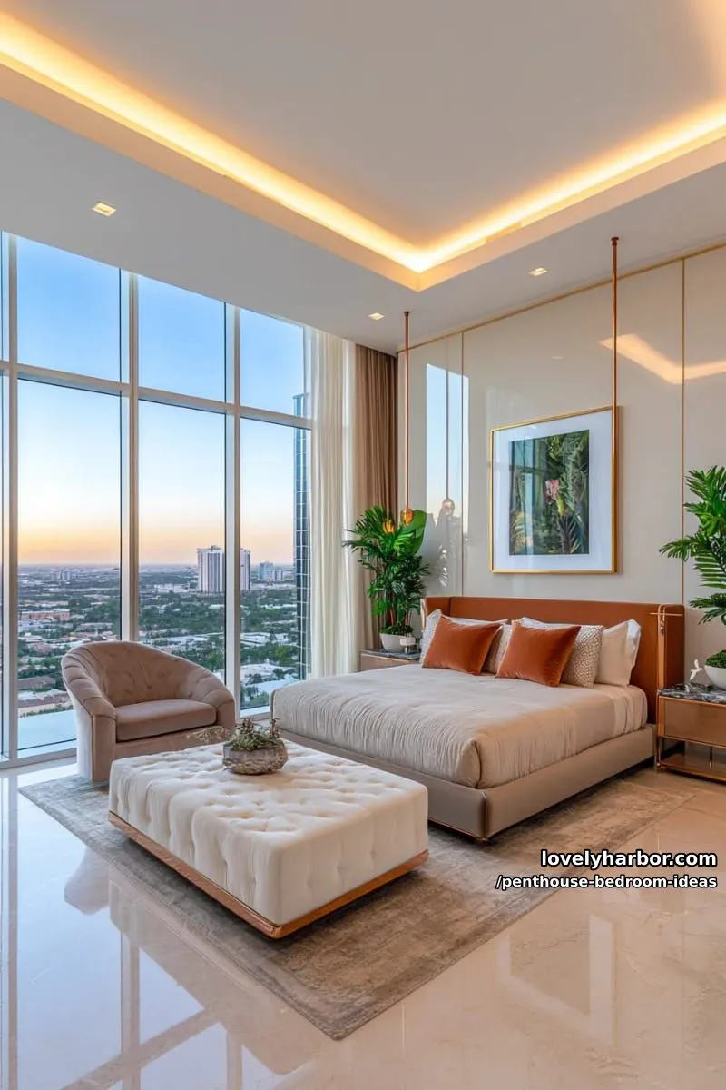 golden hour penthouse: wraparound glass, taupe bedding, and copper accents 1