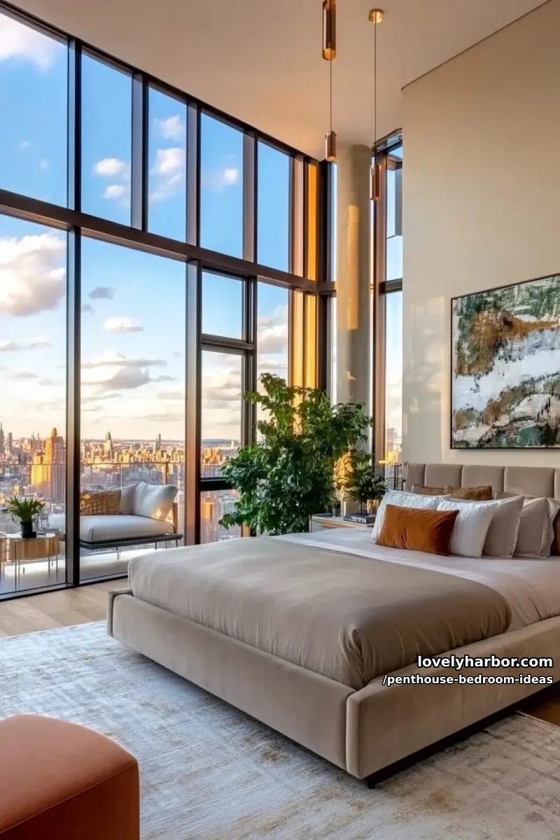 golden hour penthouse: wraparound glass, taupe bedding, and copper accents 1