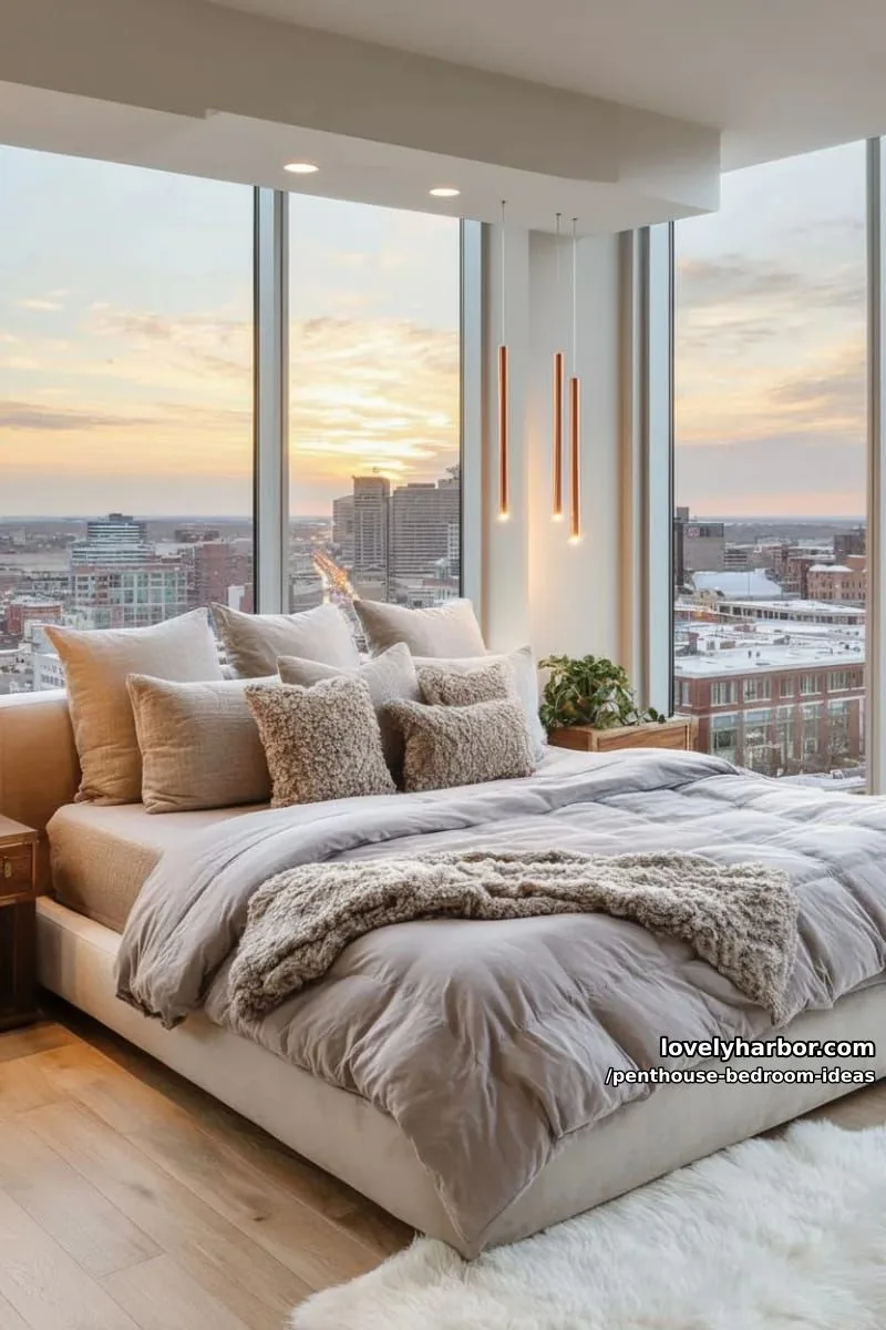 golden hour penthouse: wraparound glass, taupe bedding, and copper accents 1