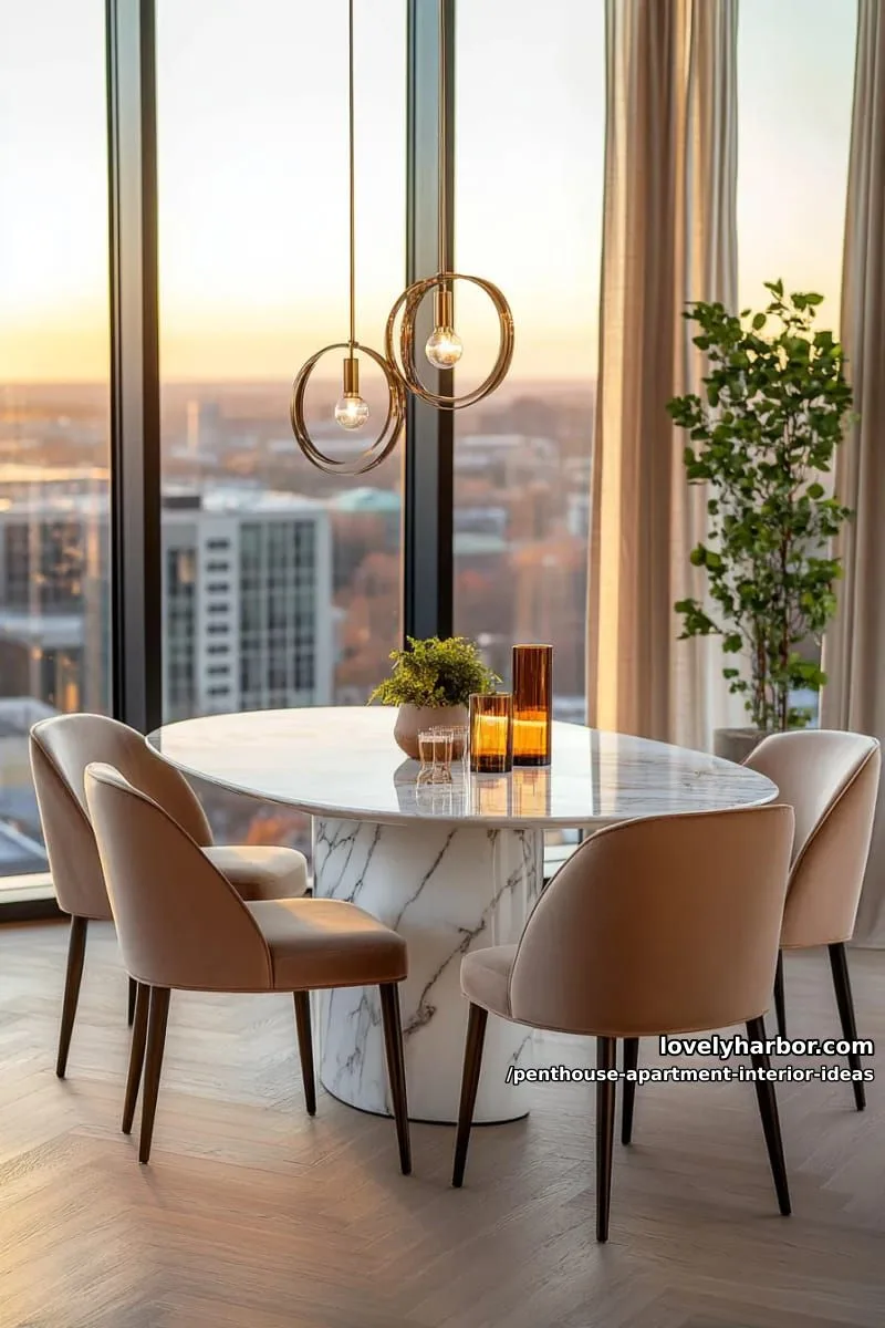 29 Stunning Penthouse Apartment Interior Design Ideas for a Fresh New Look 10 golden sunset-inspired lighting accents above a sculptural dining table 1