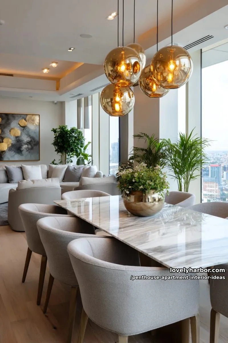 29 Stunning Penthouse Apartment Interior Design Ideas for a Fresh New Look 12 golden sunset-inspired lighting accents above a sculptural dining table 1