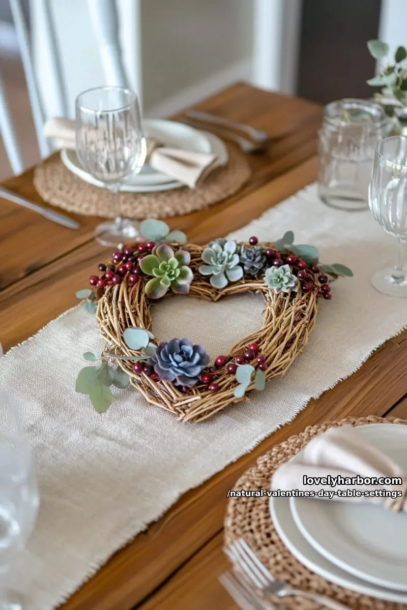 15 Natural Valentine’s Day Table Settings Perfect for a Romantic Table for Two 43 grapevine heart wreath centerpiece adorned with tiny succulents and berries 1